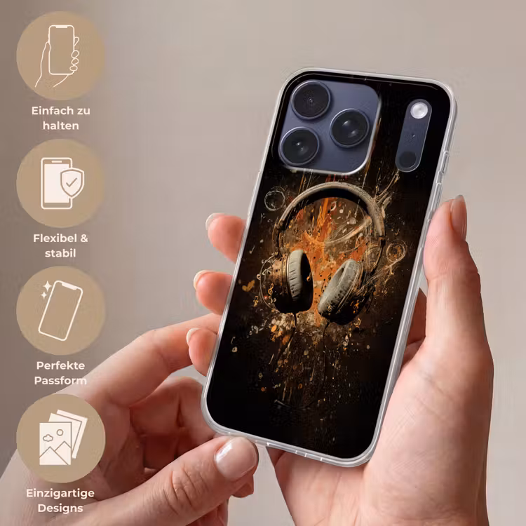 Koptelefoon - Bruin - Dynamische penseelstreken Telefoonhoesje iPhone 17 Pro klein -sfeer3_DE