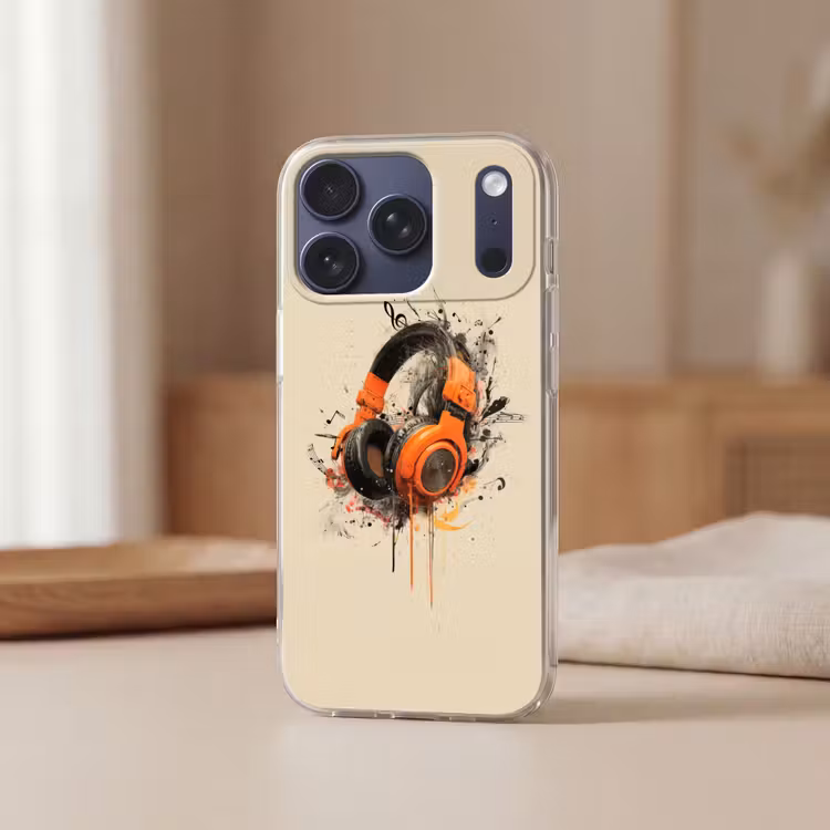Koptelefoon - Oranje - Explosief Telefoonhoesje iPhone 17 Pro klein -sfeer2