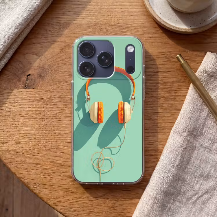 Koptelefoon - Oranje - Snoer - Minimalistisch Telefoonhoesje iPhone 17 Pro klein -sfeer1