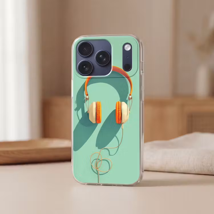 Koptelefoon - Oranje - Snoer - Minimalistisch Telefoonhoesje iPhone 17 Pro klein -sfeer2