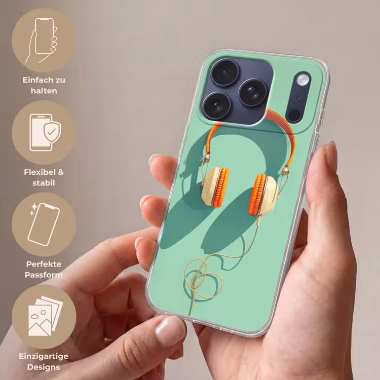 Koptelefoon - Oranje - Snoer - Minimalistisch Telefoonhoesje iPhone 17 Pro klein -sfeer3_DE