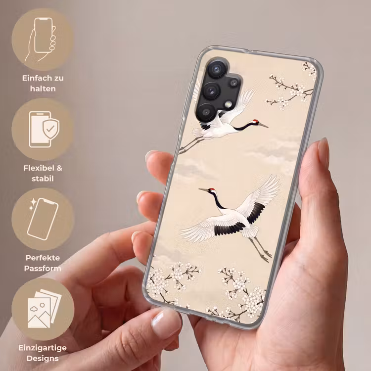 Kraanvogels - Bloesem - Beige Telefoonhoesje Samsung Galaxy A32 5G klein -sfeer3_DE
