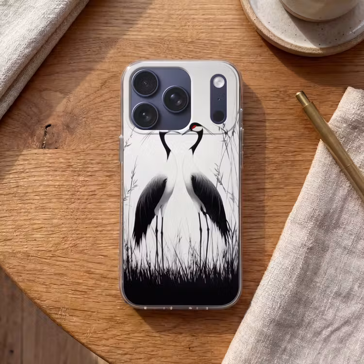 Kraanvogels - Gras - Hartvorm - Zwart Telefoonhoesje iPhone 17 Pro klein -sfeer1