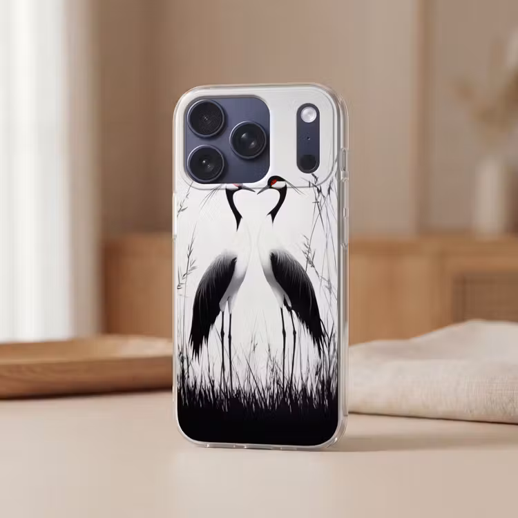 Kraanvogels - Gras - Hartvorm - Zwart Telefoonhoesje iPhone 17 Pro klein -sfeer2