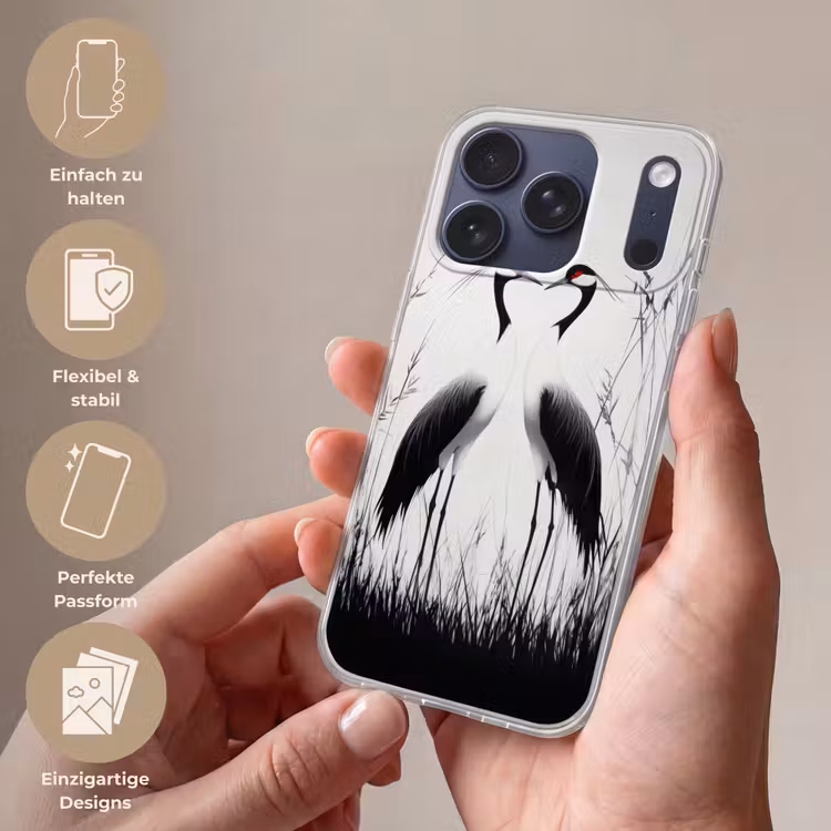 Kraanvogels - Gras - Hartvorm - Zwart Telefoonhoesje iPhone 17 Pro klein -sfeer3_DE