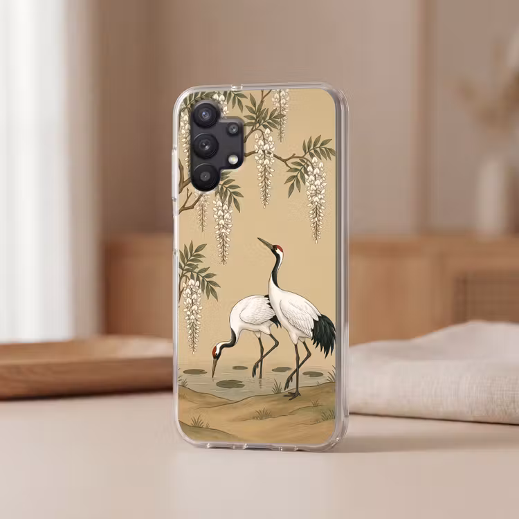 Kraanvogels - Water - Beige Telefoonhoesje Samsung Galaxy A32 5G klein -sfeer2