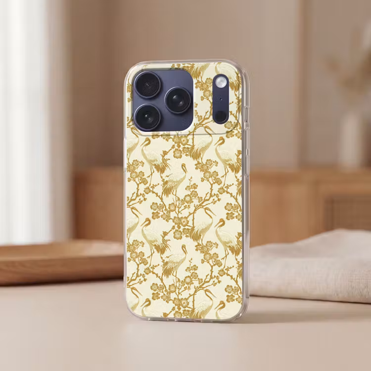 Kraanvogels - Kersenbloesem - Goud Telefoonhoesje iPhone 17 Pro klein 878 -sfeer2