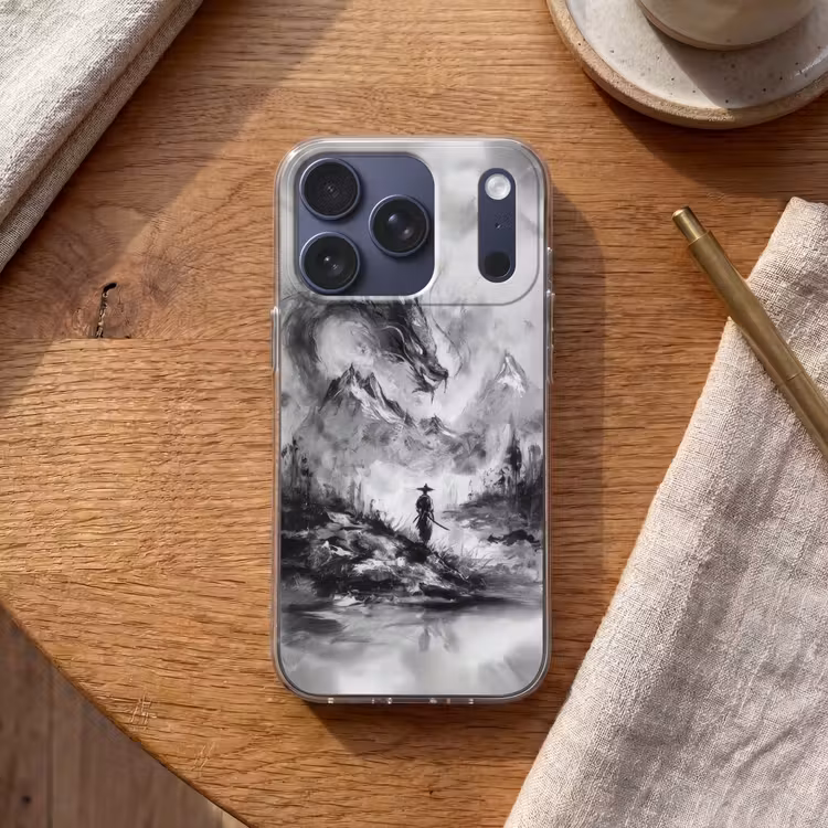 Krijger - Draak - Grijs Telefoonhoesje iPhone 17 Pro klein -sfeer1