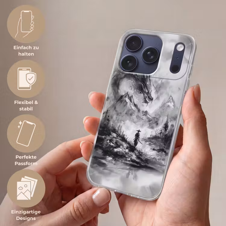 Krijger - Draak - Grijs Telefoonhoesje iPhone 17 Pro klein -sfeer3_DE