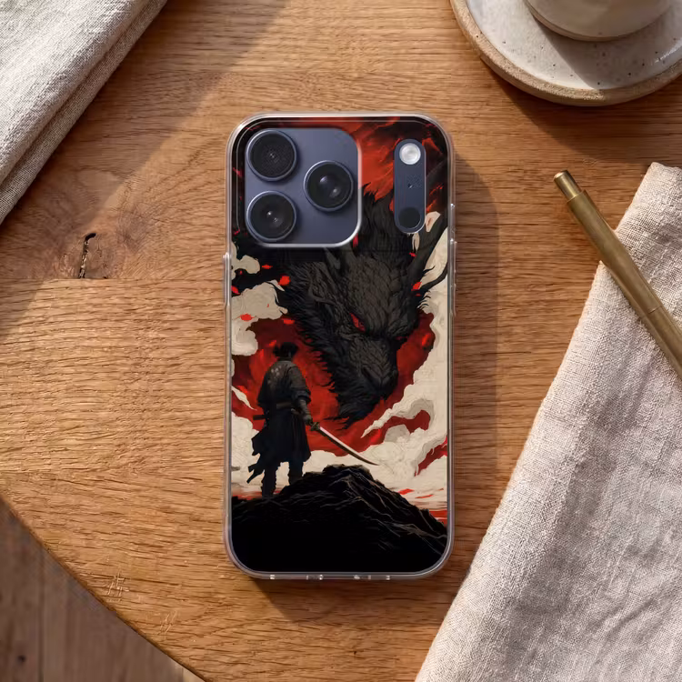 Krijger - Draak - Zwart - Rood - Rook Telefoonhoesje iPhone 17 Pro klein -sfeer1