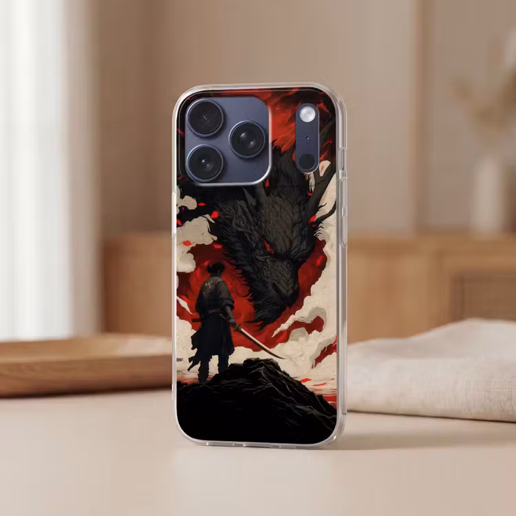 Krijger - Draak - Zwart - Rood - Rook Telefoonhoesje iPhone 17 Pro klein -sfeer2
