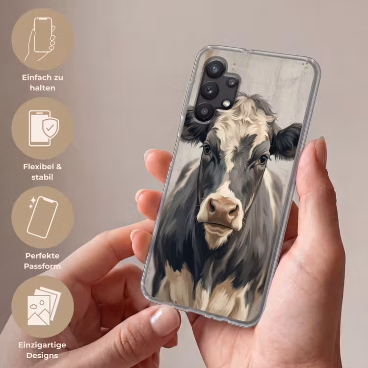 Koe - Portret - Dieren - Modern Telefoonhoesje Samsung Galaxy A32 5G klein -sfeer3_DE