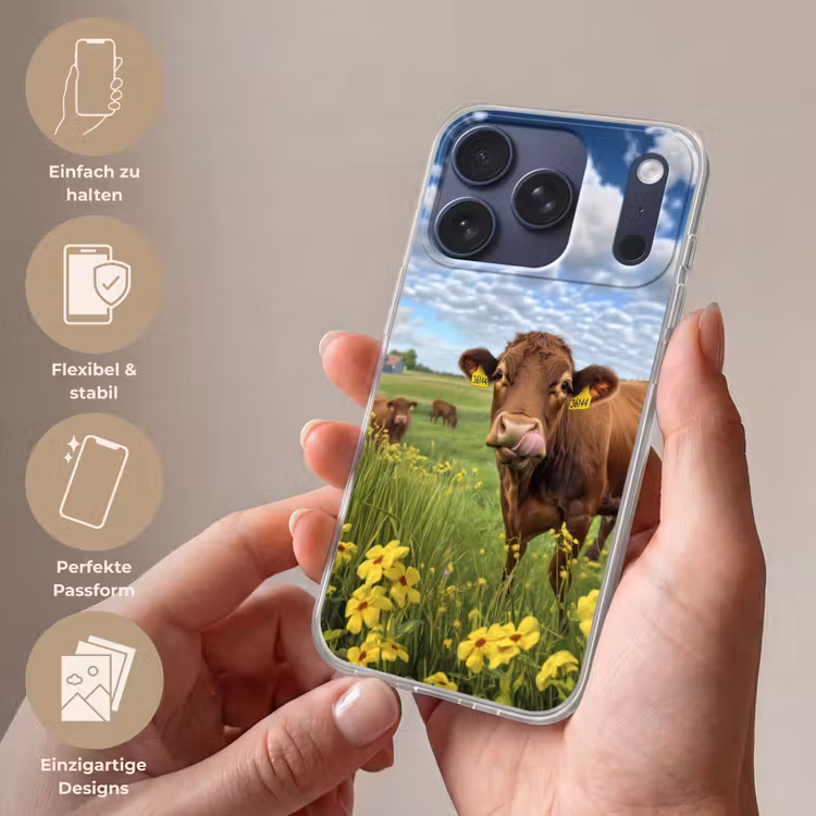 Koe - Weide - Bloemen Telefoonhoesje iPhone 17 Pro klein -sfeer3_DE