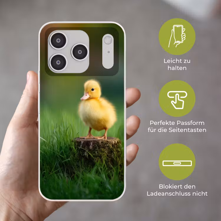 Kuiken - Eend - Geel - Gras Telefoonhoesje iPhone 17 Pro klein -sfeer3_DE