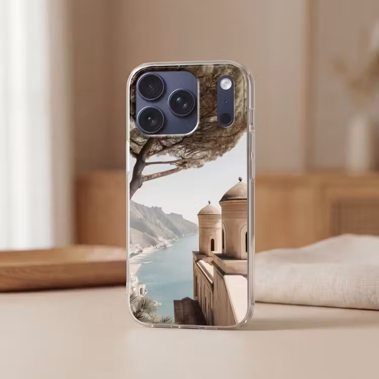 Kust - Klif - Boom - Gebouw Telefoonhoesje iPhone 17 Pro klein -sfeer2