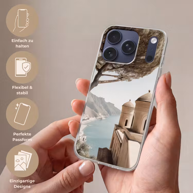 Kust - Klif - Boom - Gebouw Telefoonhoesje iPhone 17 Pro klein -sfeer3_DE