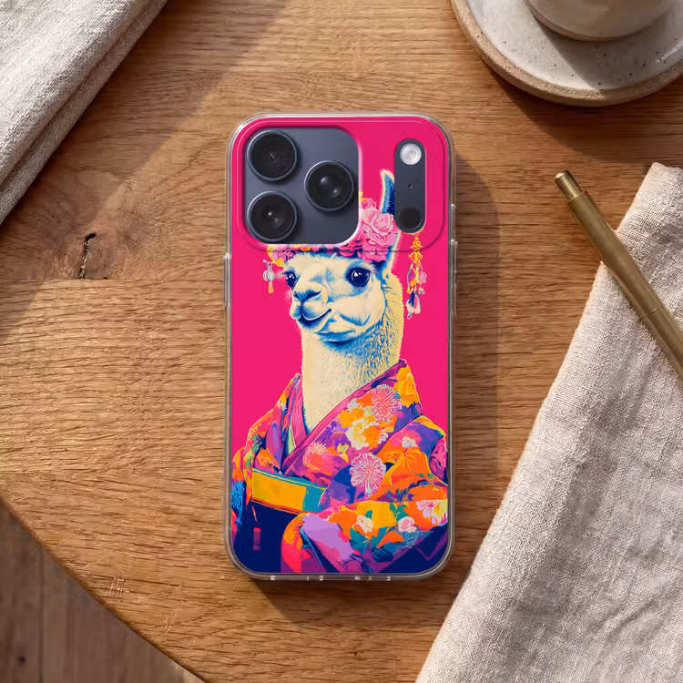 Lama - Kimono - Bloemenkrans - Felroze Telefoonhoesje iPhone 17 Pro klein -sfeer1
