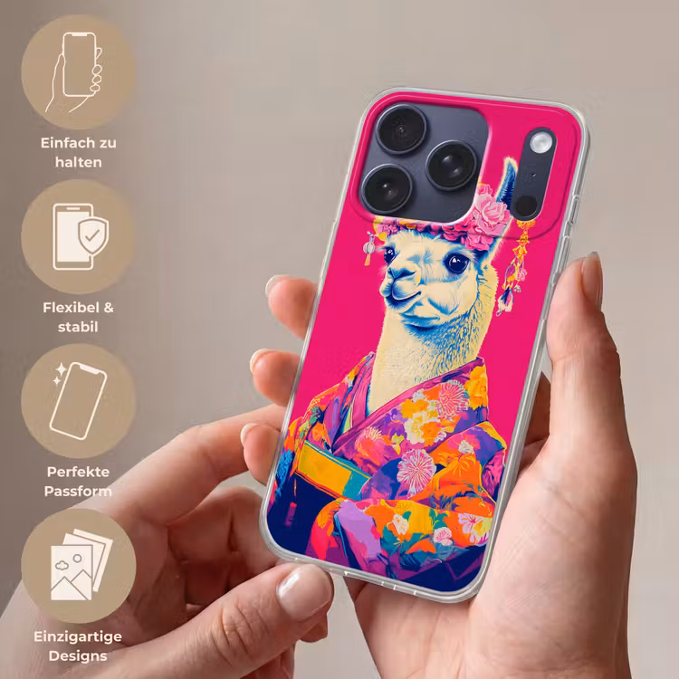 Lama - Kimono - Bloemenkrans - Felroze Telefoonhoesje iPhone 17 Pro klein -sfeer3_DE