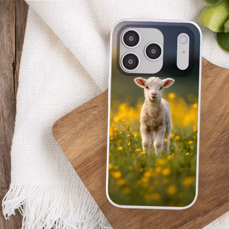 Lammetje - Gras - Bloemen - Geel Telefoonhoesje iPhone 17 Pro klein -sfeer1
