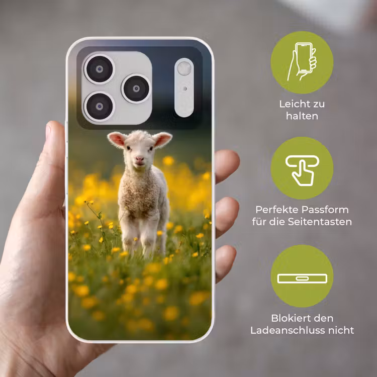 Lammetje - Gras - Bloemen - Geel Telefoonhoesje iPhone 17 Pro klein -sfeer3_DE