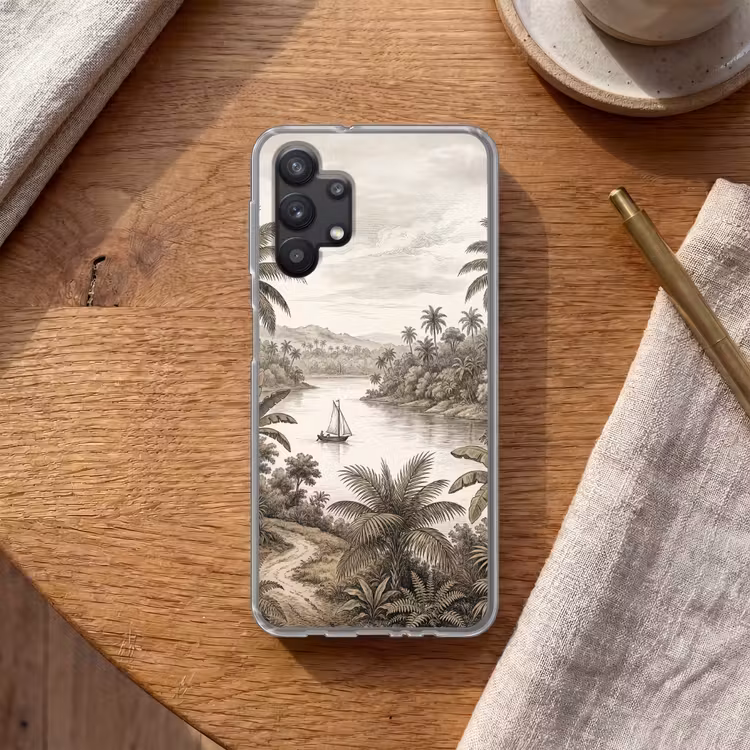Landschap - Rivier - Boot - Tropisch - Vintage Telefoonhoesje Samsung Galaxy A32 5G klein -sfeer1