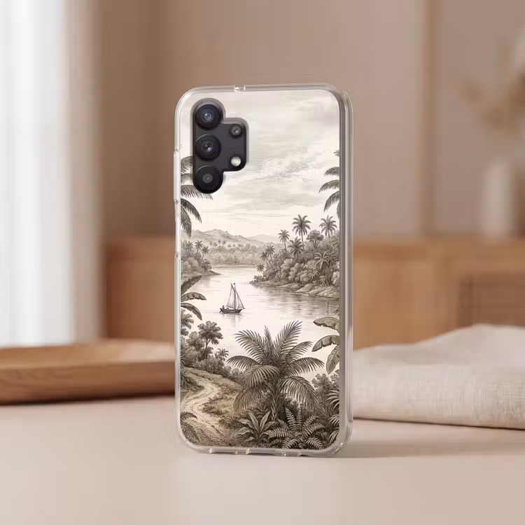 Landschap - Rivier - Boot - Tropisch - Vintage Telefoonhoesje Samsung Galaxy A32 5G klein -sfeer2