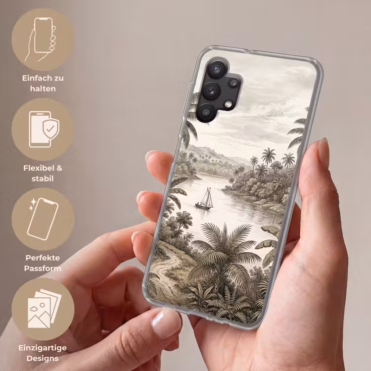 Landschap - Rivier - Boot - Tropisch - Vintage Telefoonhoesje Samsung Galaxy A32 5G klein -sfeer3_DE
