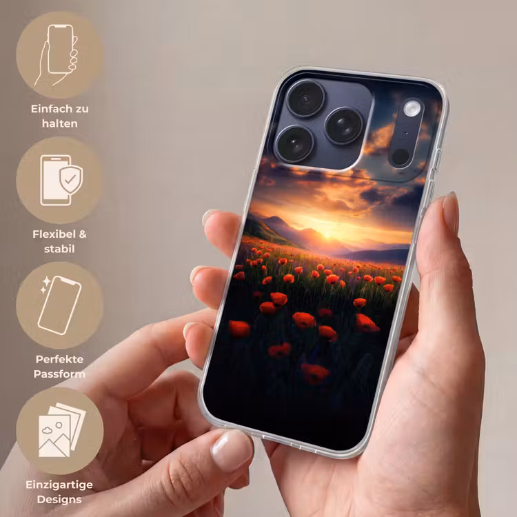 Landschap - Zonsondergang - Bloemenveld Telefoonhoesje iPhone 17 Pro klein -sfeer3_DE