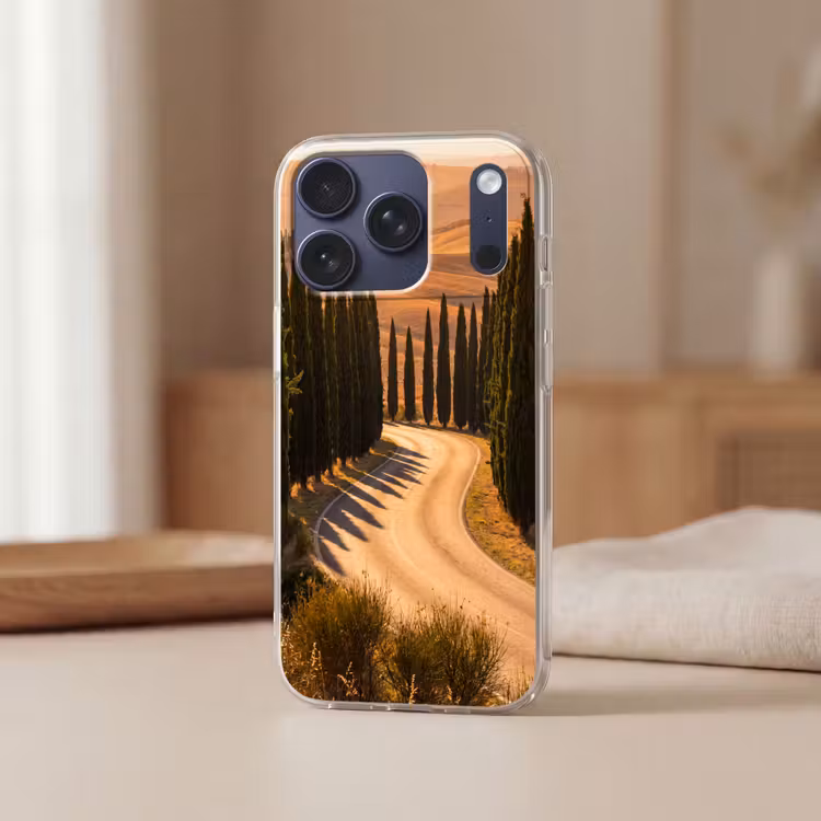Landschap - Weg - Bomen - Natuur - Goud Telefoonhoesje iPhone 17 Pro klein -sfeer2
