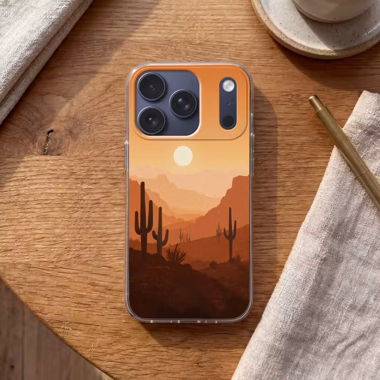 Landschap - Woestijn - Cactussen - Zon Telefoonhoesje iPhone 17 Pro klein -sfeer1