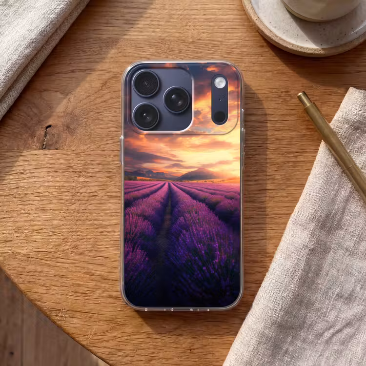 Lavendelveld - Zonsondergang - Paars Telefoonhoesje iPhone 17 Pro klein -sfeer1