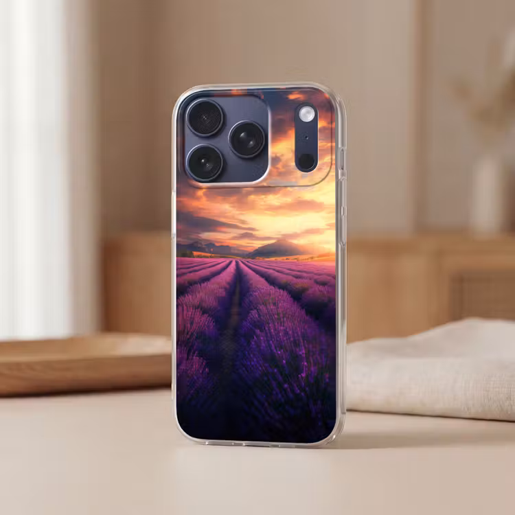 Lavendelveld - Zonsondergang - Paars Telefoonhoesje iPhone 17 Pro klein -sfeer2