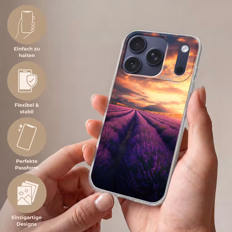 Lavendelveld - Zonsondergang - Paars Telefoonhoesje iPhone 17 Pro klein -sfeer3_DE