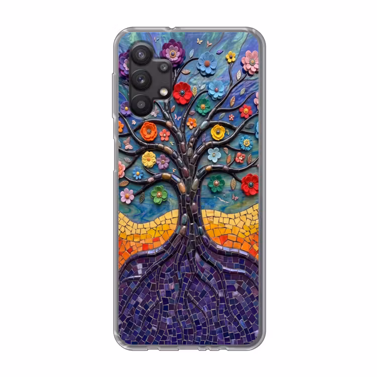 Levensboom - Mozaïek - Bloemen - Kleurrijk - Vrolijk Telefoonhoesje Samsung Galaxy A32 5G klein -3d