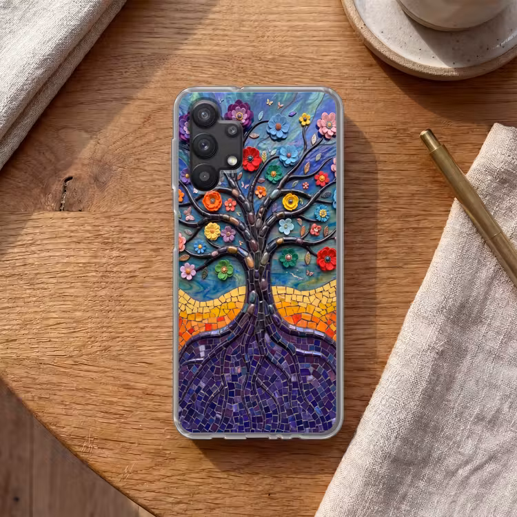 Levensboom - Mozaïek - Bloemen - Kleurrijk - Vrolijk Telefoonhoesje Samsung Galaxy A32 5G klein -sfeer1
