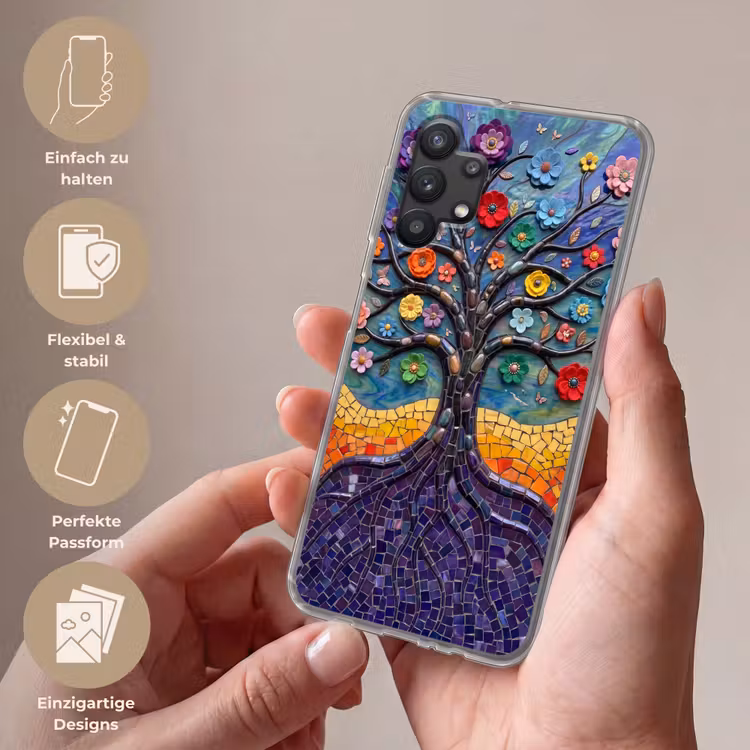 Levensboom - Mozaïek - Bloemen - Kleurrijk - Vrolijk Telefoonhoesje Samsung Galaxy A32 5G klein -sfeer3_DE