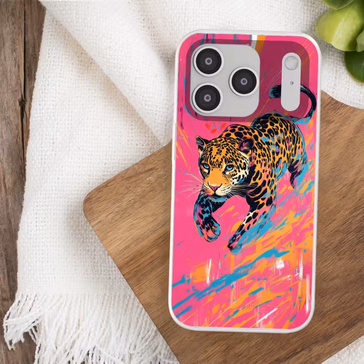 Luipaard - Roze - Oranje - Blauw - Verf Telefoonhoesje iPhone 17 Pro klein -sfeer1