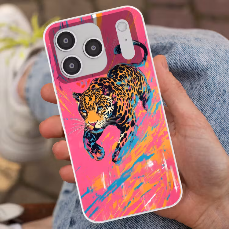 Luipaard - Roze - Oranje - Blauw - Verf Telefoonhoesje iPhone 17 Pro klein -sfeer2
