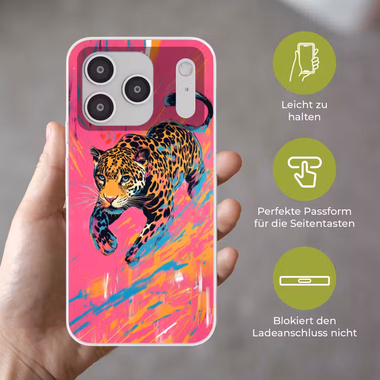 Luipaard - Roze - Oranje - Blauw - Verf Telefoonhoesje iPhone 17 Pro klein -sfeer3_DE