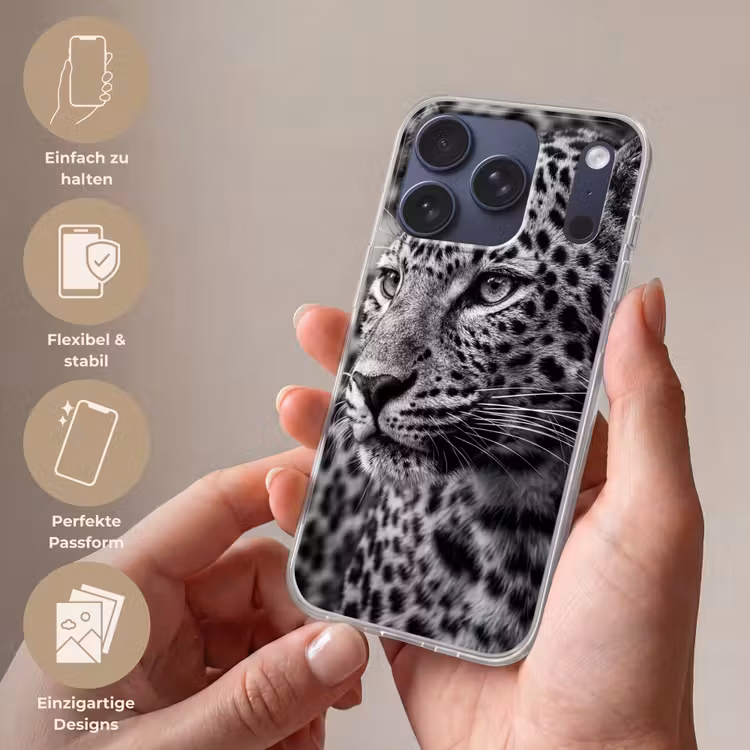 Luipaard - Zwart - Wit - Oog Telefoonhoesje iPhone 17 Pro klein -sfeer3_DE