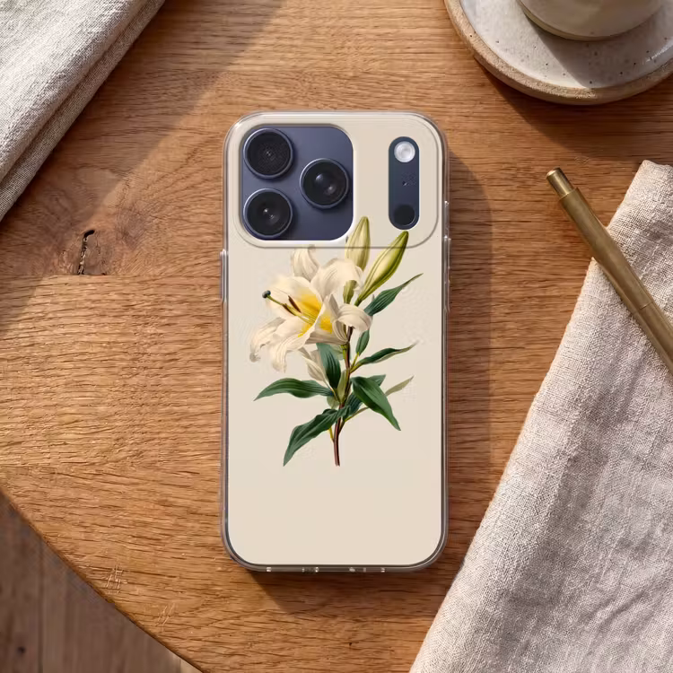 Lelie - Elegant - Botanisch - Beige Telefoonhoesje iPhone 17 Pro klein -sfeer1