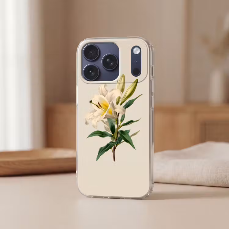 Lelie - Elegant - Botanisch - Beige Telefoonhoesje iPhone 17 Pro klein -sfeer2