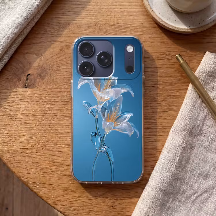 Lelies - Blauw - Glazen Telefoonhoesje iPhone 17 Pro klein -sfeer1