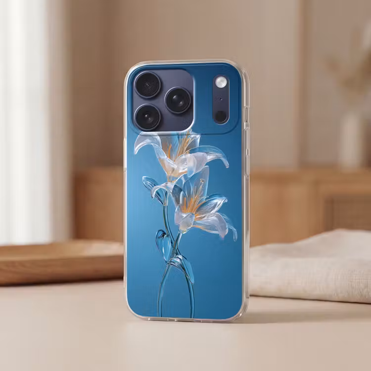 Lelies - Blauw - Glazen Telefoonhoesje iPhone 17 Pro klein -sfeer2
