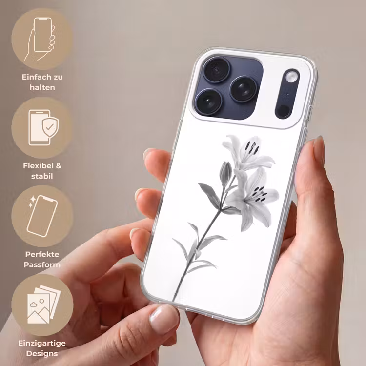 Lelies - Elegant - Zwart - Wit Telefoonhoesje iPhone 17 Pro klein -sfeer3_DE