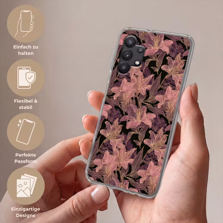 Lelies - Patroon - Paars - Goud Telefoonhoesje Samsung Galaxy A32 5G klein 346 -sfeer3_DE
