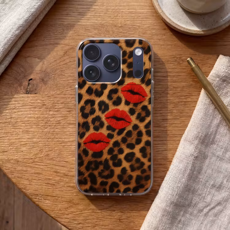Lippen - Drie - Rood - Panterprint Telefoonhoesje iPhone 17 Pro klein -sfeer1
