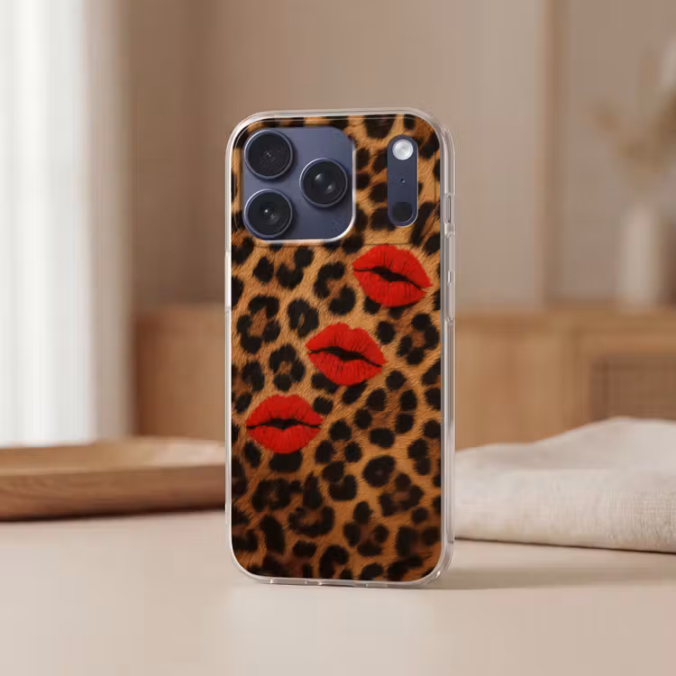 Lippen - Drie - Rood - Panterprint Telefoonhoesje iPhone 17 Pro klein -sfeer2