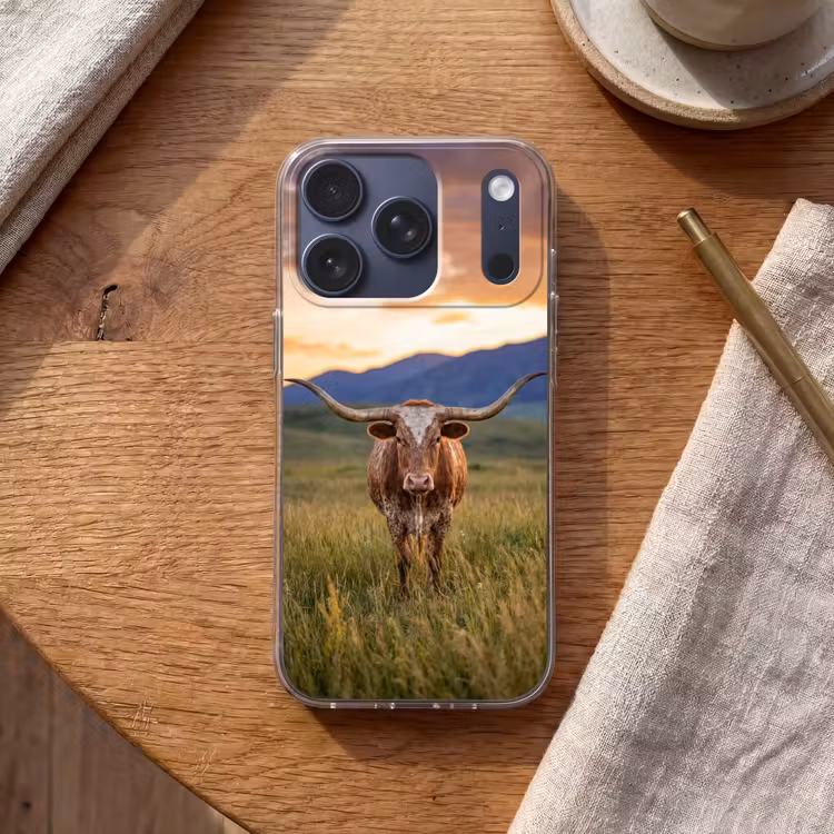 Longhorn - Landschap - Zonsondergang Telefoonhoesje iPhone 17 Pro klein -sfeer1