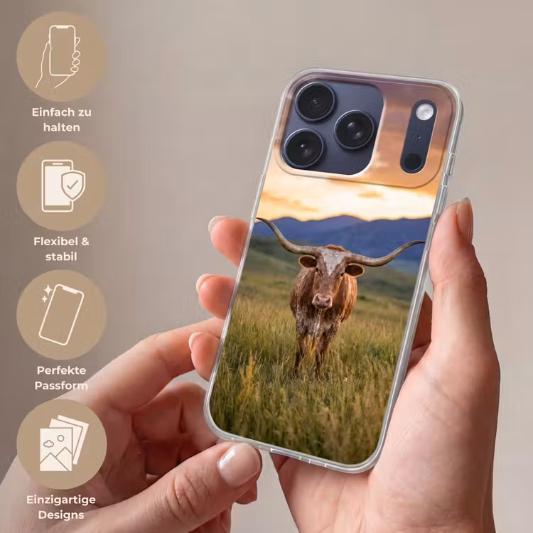 Longhorn - Landschap - Zonsondergang Telefoonhoesje iPhone 17 Pro klein -sfeer3_DE